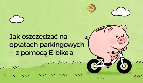 Animacja skarbonki jadącej na rowerze elektrycznym Fiido.