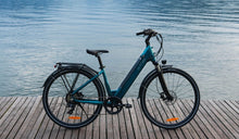 Lekki rower elektryczny Fiido C11 Pro został tymczasowo zaparkowany przy jeziorze.