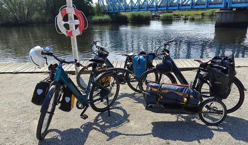 Kilka rowerów elektrycznych Fiido C11 tymczasowo zaparkowanych przy drodze