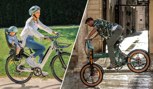 Kobieta jedzie na rowerze elektrycznym Fiido C11 z dzieckiem jako pasażerem.