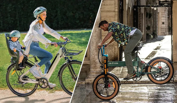 Kobieta jedzie na rowerze elektrycznym Fiido C11 z dzieckiem jako pasażerem.